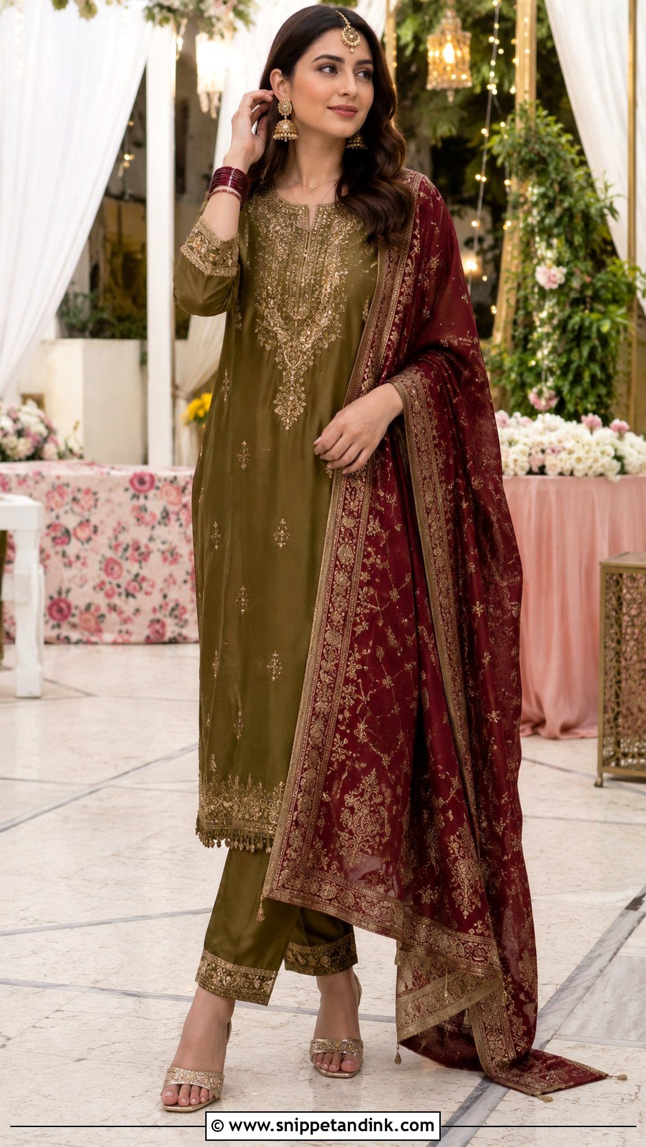Mehndi Green Suit With Maroon Dupatta - Snippet and Ink - 25 Mehndi Color Suit Combination Ideas