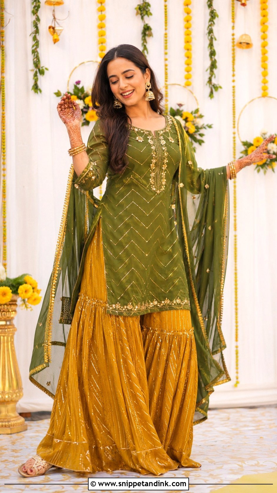 Mehndi Green Suit With Mustard Sharara - Snippet and Ink - 25 Mehndi Color Suit Combination Ideas
