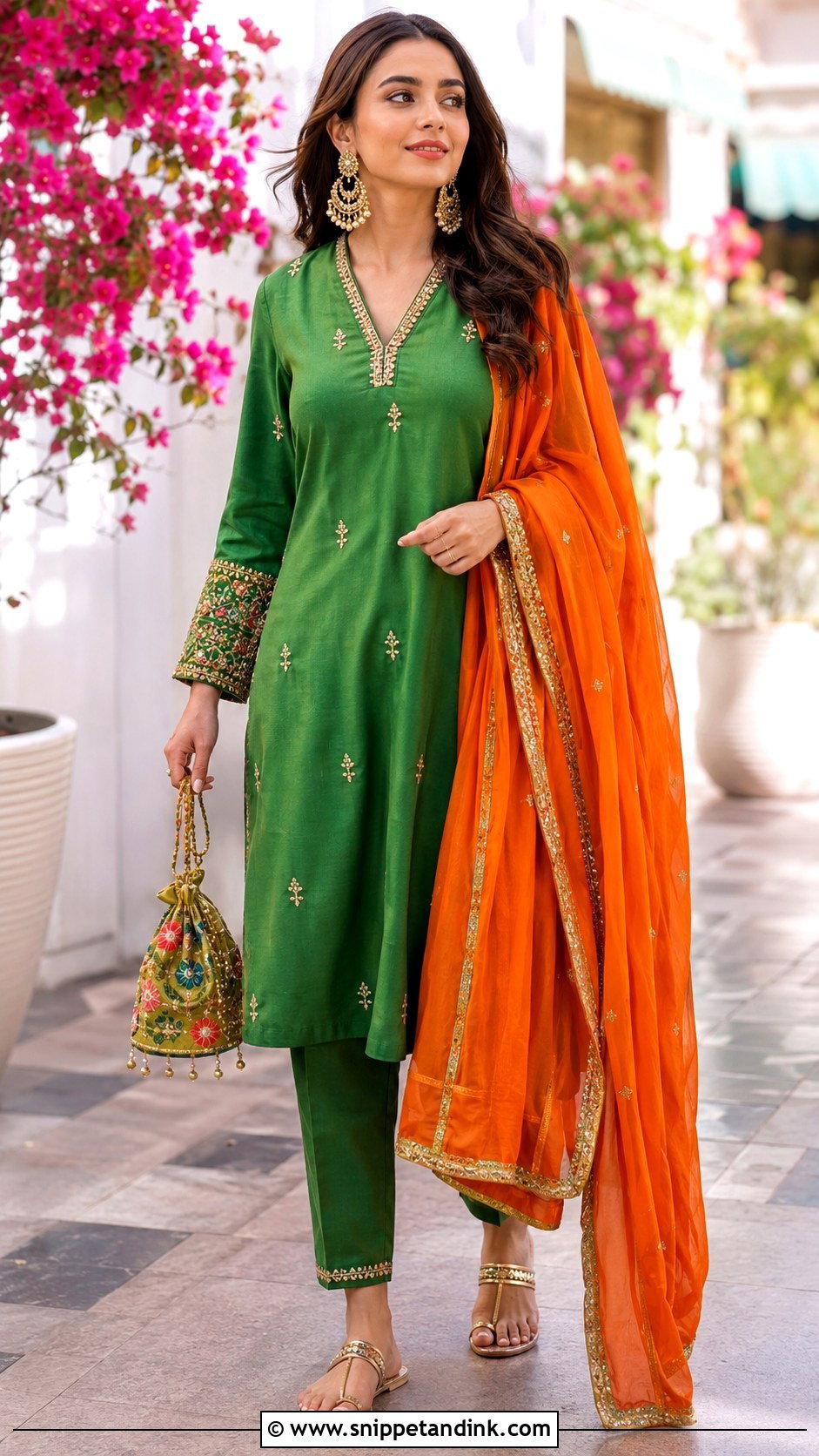 Mehndi Green Suit With Orange Dupatta - Snippet and Ink - 25 Mehndi Color Suit Combination Ideas