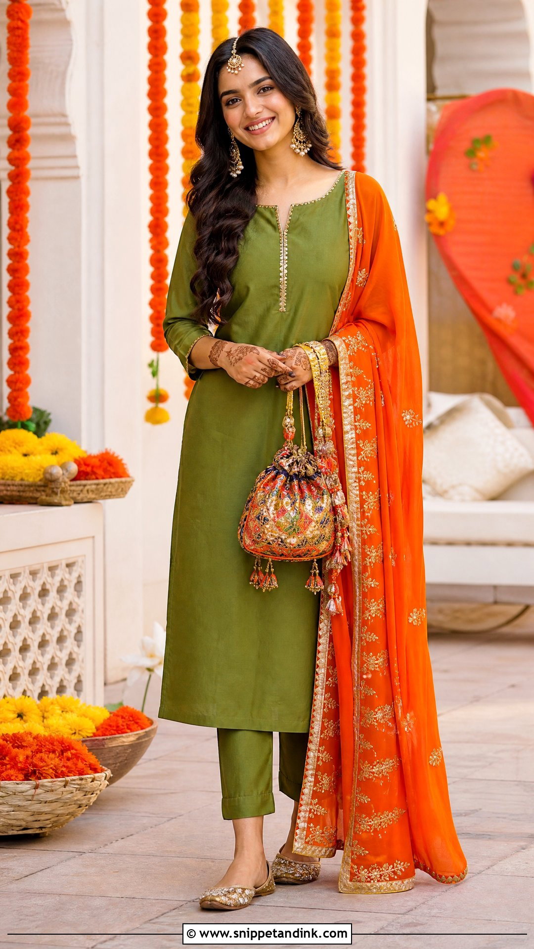Mehndi Green Suit With Orange Dupatta - Snippet and Ink - 25 Mehndi Green Suit Ideas