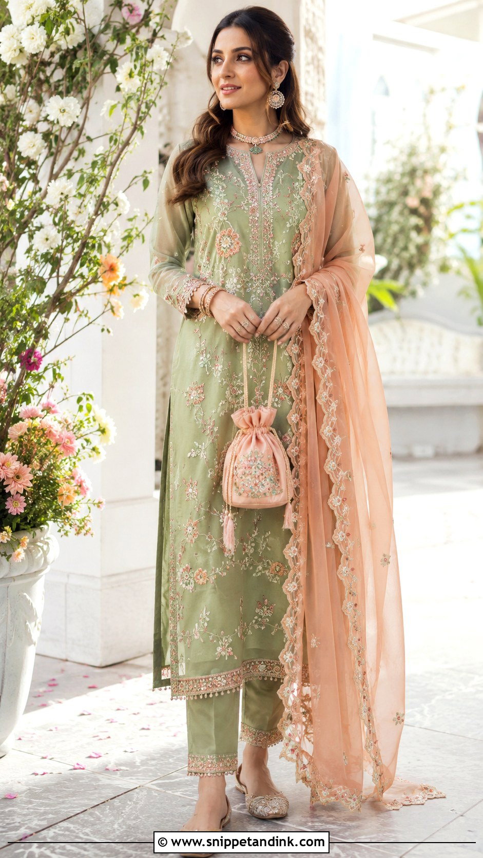 Mehndi Green Suit With Peach Dupatta - Snippet and Ink - 25 Mehndi Color Suit Combination Ideas