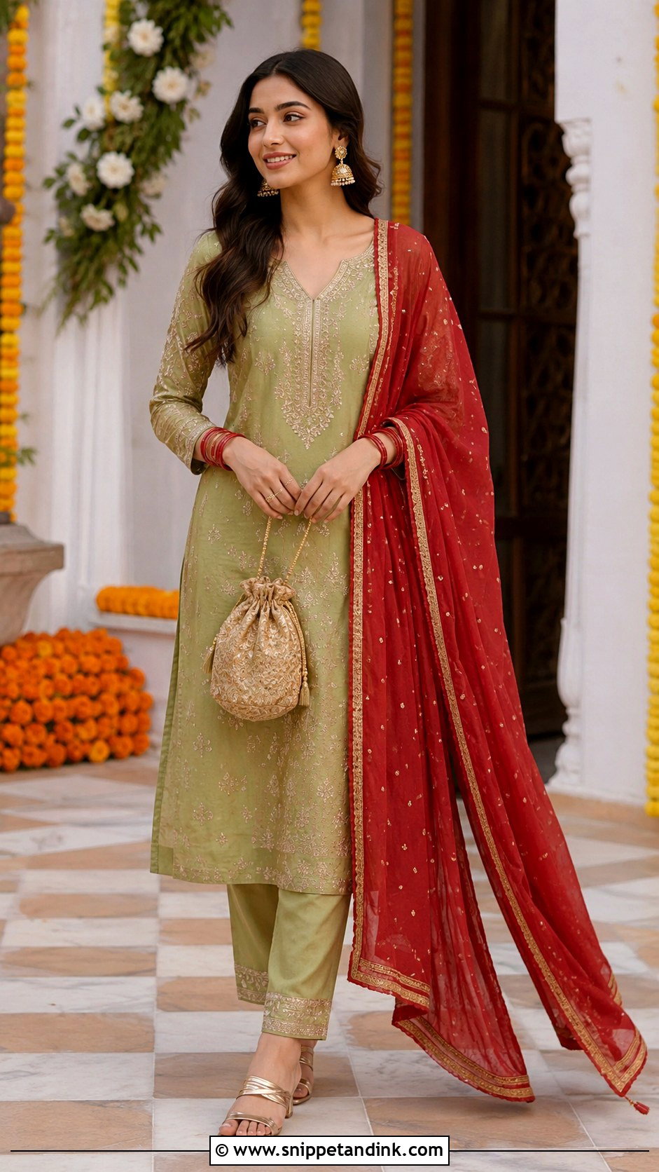 Mehndi Green Suit With Red Dupatta - Snippet and Ink - 25 Mehndi Color Suit Combination Ideas