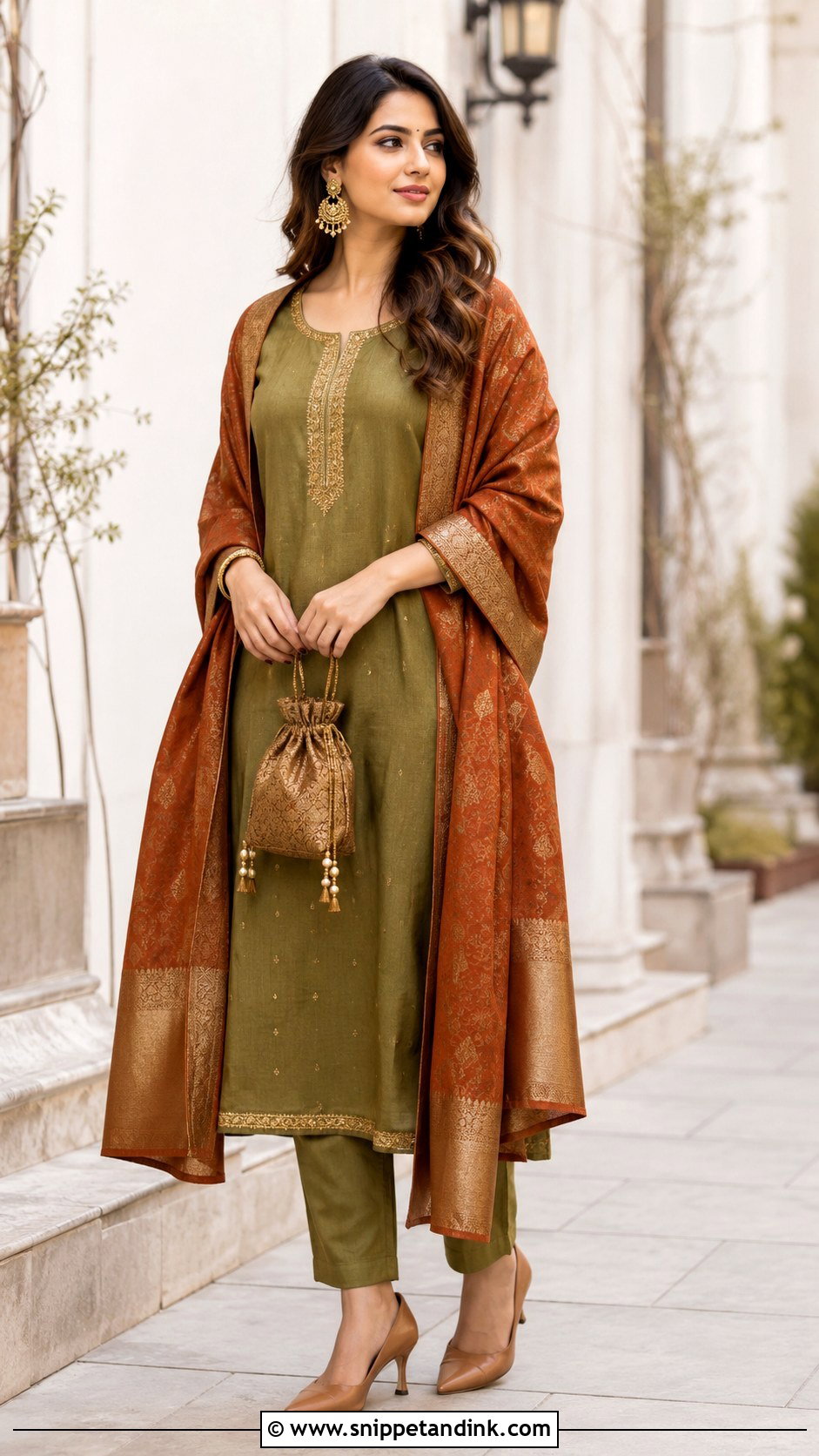 Mehndi Green Suit With Rust Dupatta - Snippet and Ink - 25 Mehndi Color Suit Combination Ideas