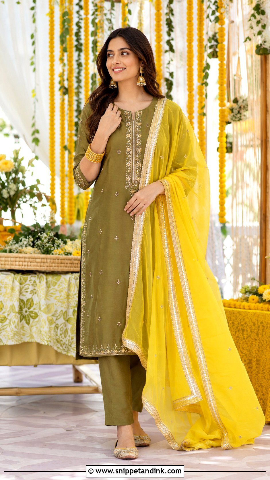 Mehndi Green Suit With Yellow Dupatta - Snippet and Ink - 25 Mehndi Color Suit Combination Ideas