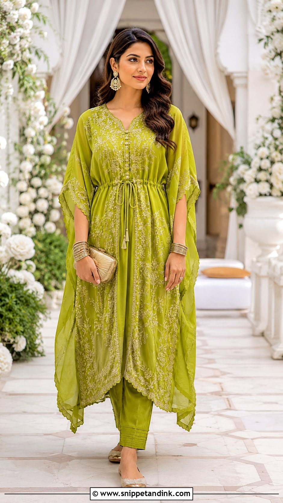 Mehndi Kaftan Dress Outfit - Snippet and Ink - 30 Mehndi Function Dress Outfit Ideas