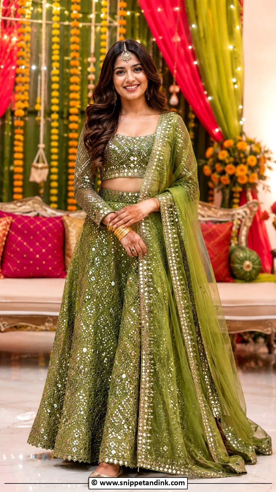 Mehndi Lehenga With Mirror Work - Snippet and Ink - 30 Pakistani Mehndi Dress Ideas