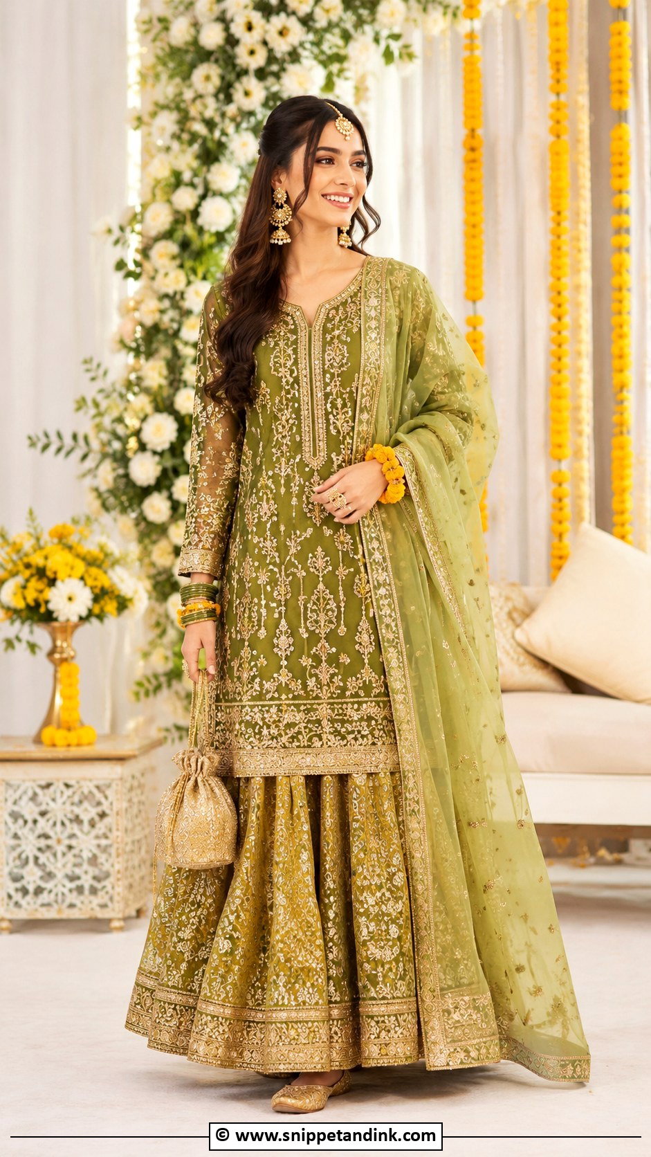 Mehndi Long Shirt With Lehenga - Snippet and Ink - 30 Pakistani Mehndi Dress Ideas