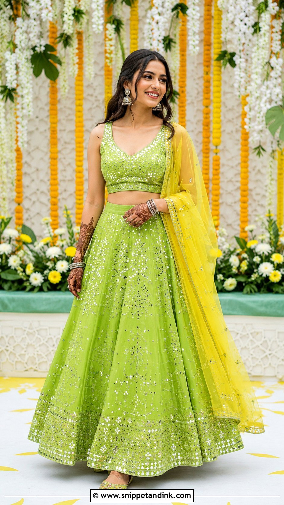 Mehndi Mirror Work Lehenga Outfit - Snippet and Ink - 30 Mehndi Function Dress Outfit Ideas