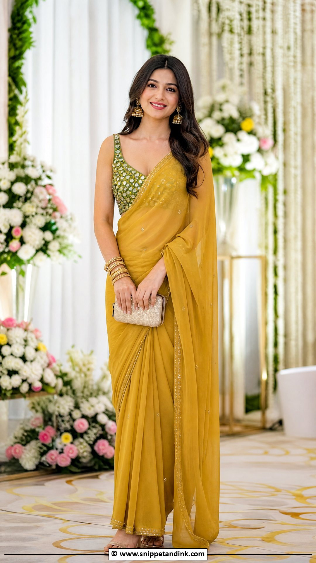 Mehndi Mustard Saree Outfit - Snippet and Ink - 35 Mehndi Outfit Ideas