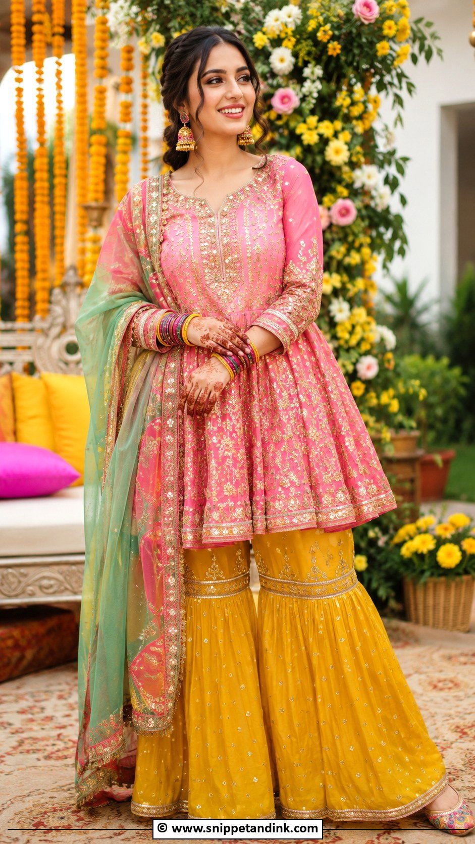 Mehndi Short Frock With Sharara - Snippet and Ink - 30 Pakistani Mehndi Dress Ideas