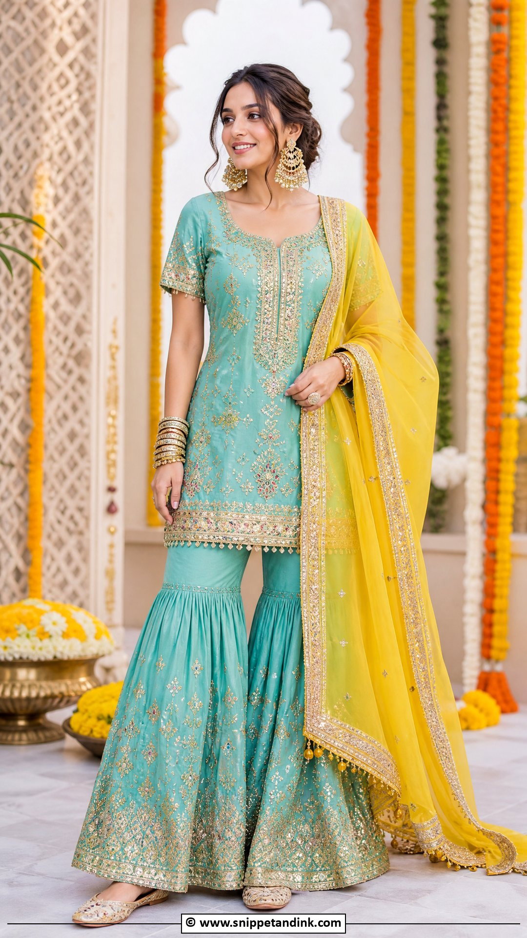 Mehndi Turquoise Sharara Outfit - Snippet and Ink - 35 Mehndi Outfit Ideas