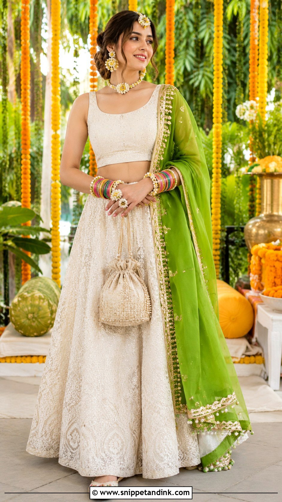Mehndi White Lehenga With Color Dupatta Outfit - Snippet and Ink - 30 Mehndi Function Dress Outfit Ideas