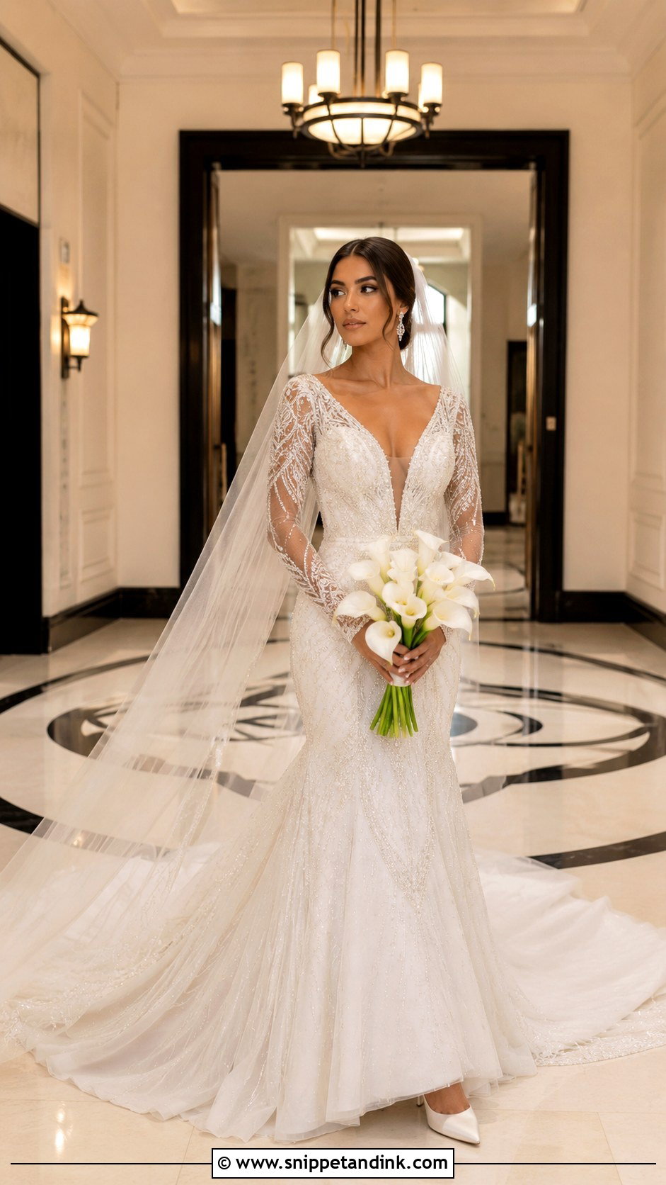 Mermaid Beaded Wedding Dress With Deep V Neck - Snippet and Ink - 20 Long Sleeve Beaded Wedding Dress Ideas
