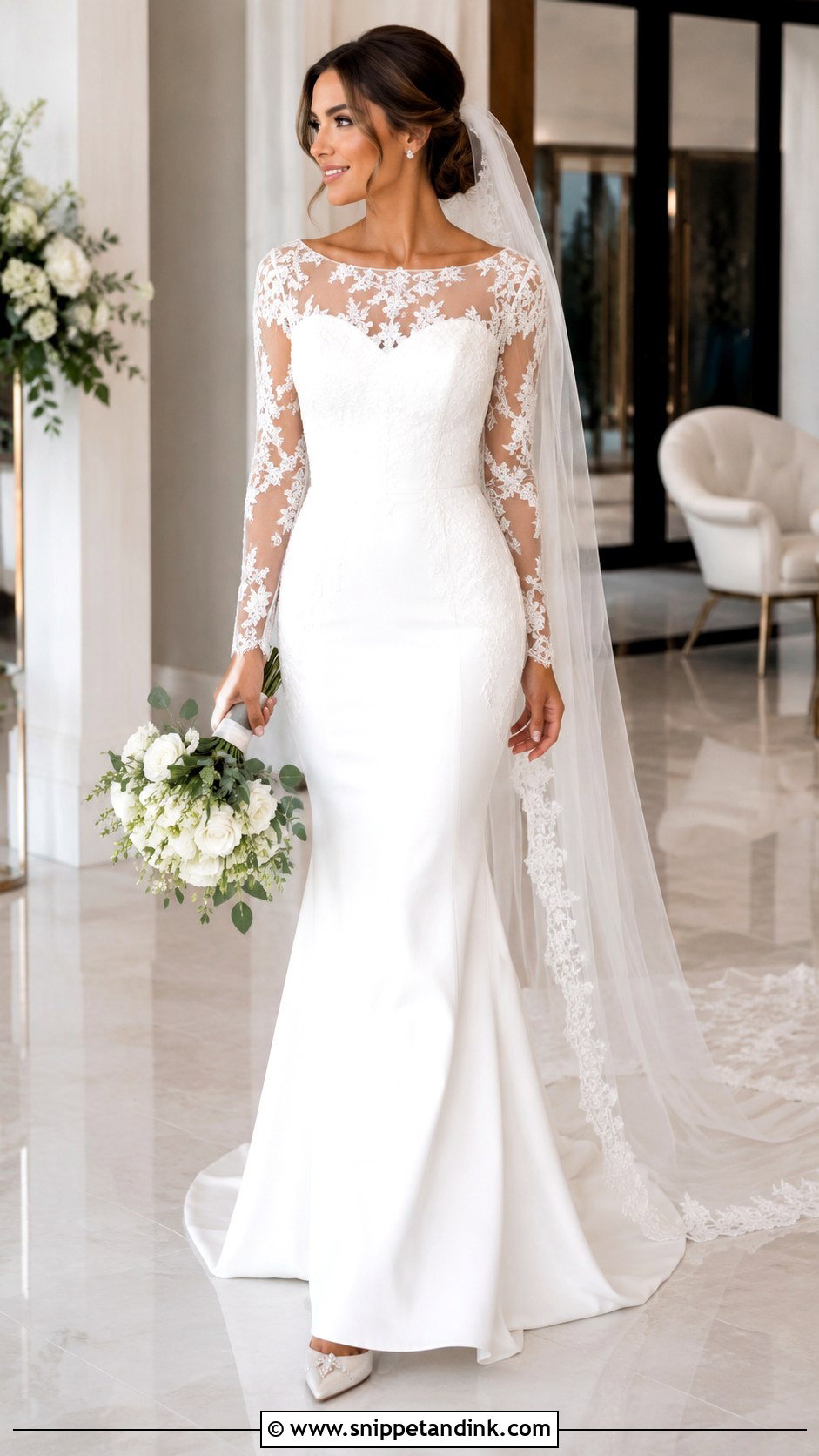 Mermaid Boat Neck Wedding Dress With Illusion Sleeves - Snippet and Ink - 20 Boat Neck Wedding Dress with Sleeves