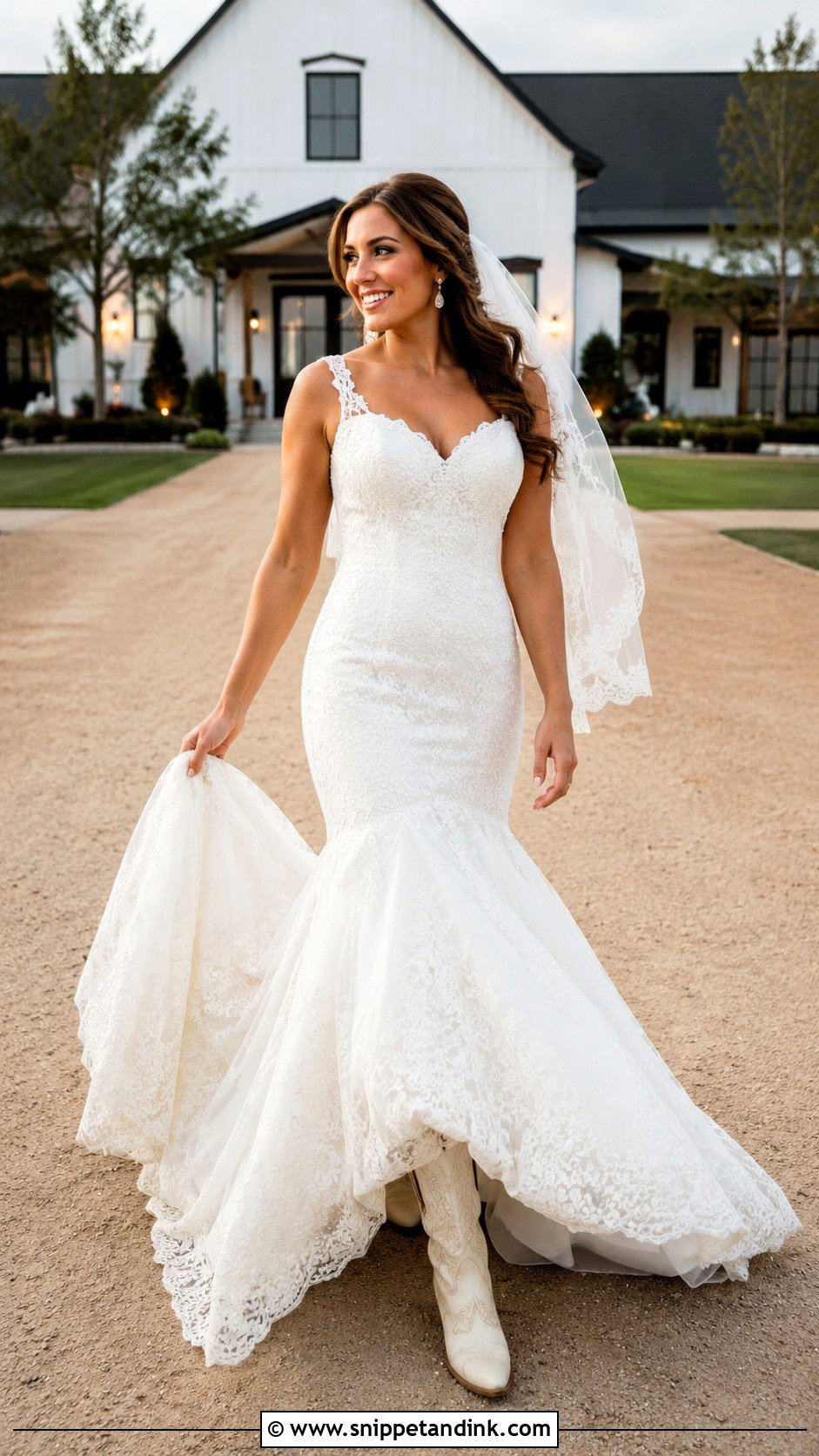 Mermaid Country Wedding Gown With Heeled Western Boots - Snippet and Ink - 20 Country Wedding Gowns