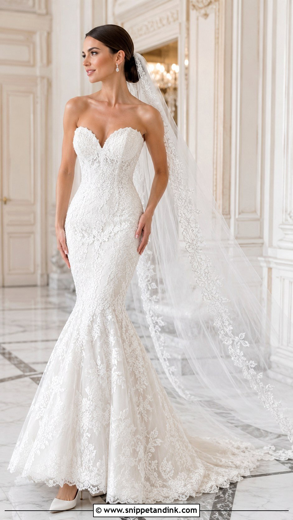 Mermaid Lace Wedding Dress With Cathedral Veil - Snippet and Ink - 20 Lace Bride Dress Ideas