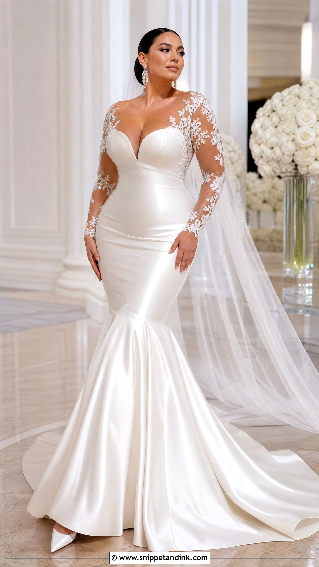 Mermaid Satin Wedding Gown with Illusion Sleeves - Snippet and Ink - 20 Satin Wedding Gown with Sleeves