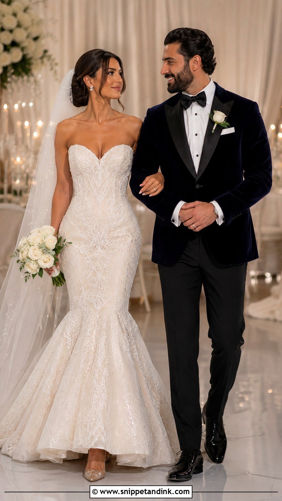 Mermaid Wedding Dress And Velvet Tuxedo Wedding Couple Outfit - Snippet and Ink - 25 Wedding Couple Outfits