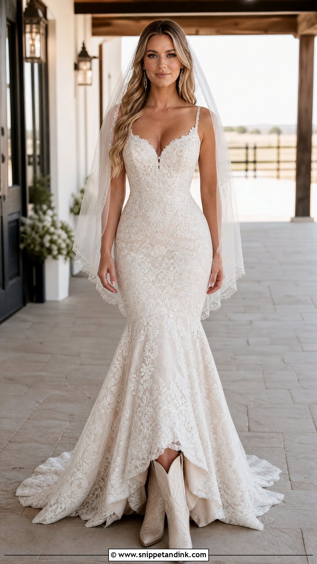 Mermaid Western Wedding Dress With Cream Cowboy Boots - Snippet and Ink - 20 Western Wedding Dresses with Boots
