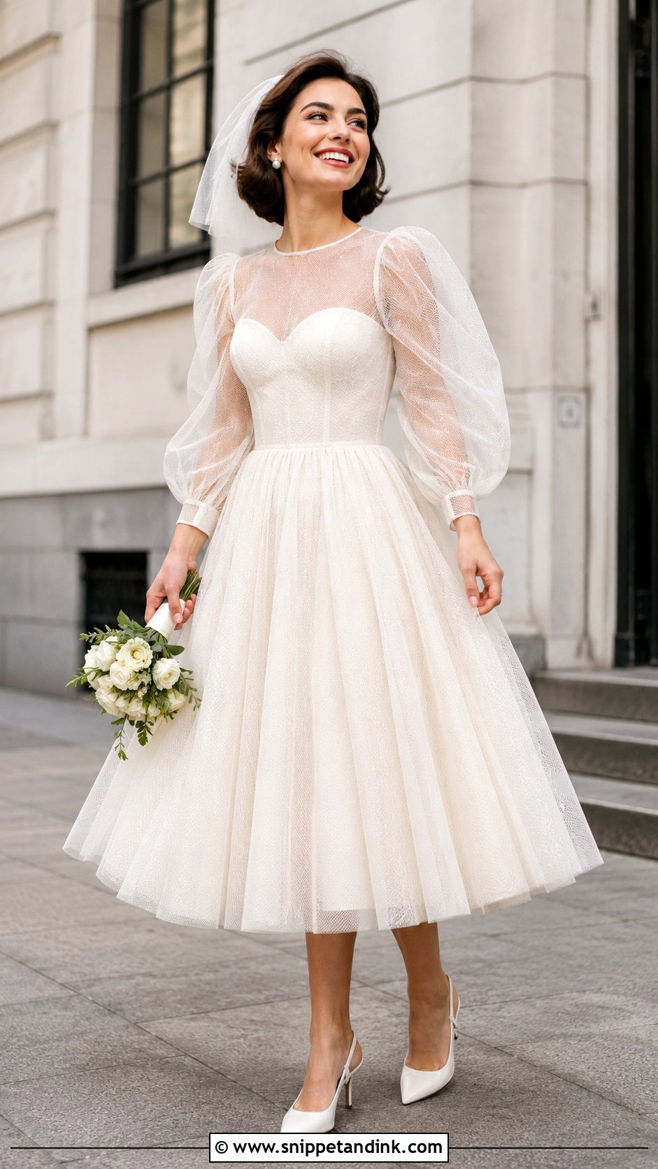 Mesh Puff Sleeve Tea Length Wedding Dress - Snippet and Ink - 20 Mesh Sleeve Wedding Dress Ideas