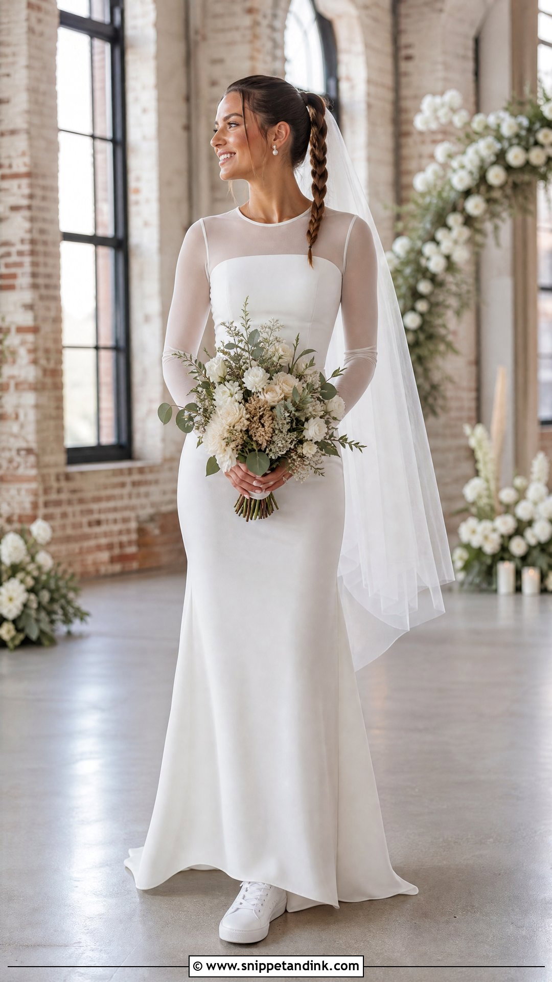 Mesh Sleeve Wedding Dress With White Trainers - Snippet and Ink - 20 Sport Wedding Dress Ideas