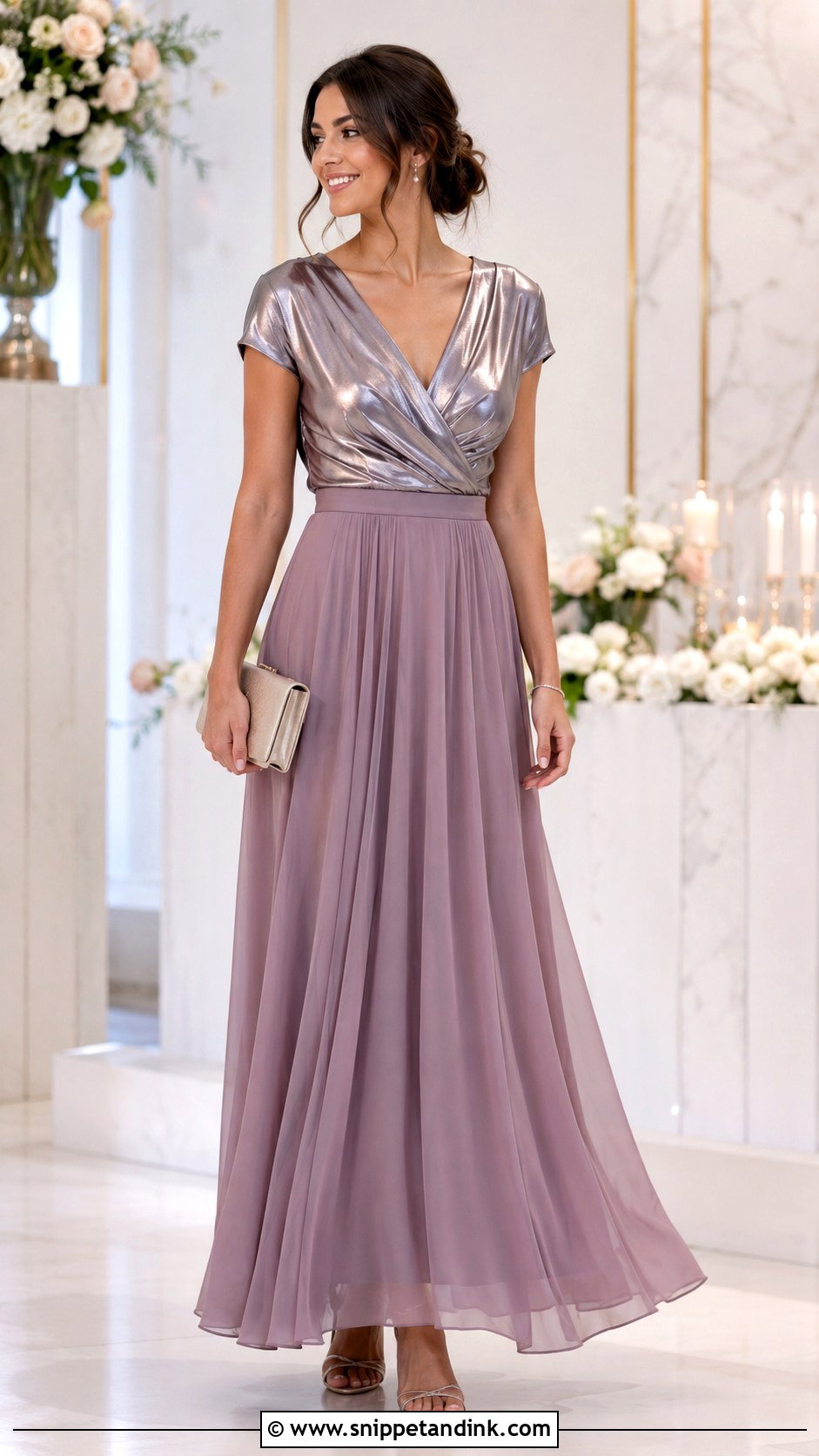 Metallic Blouse And Chiffon Skirt Wedding Outfit - Snippet and Ink - 25 Blouse and Skirt Outfit Wedding Ideas