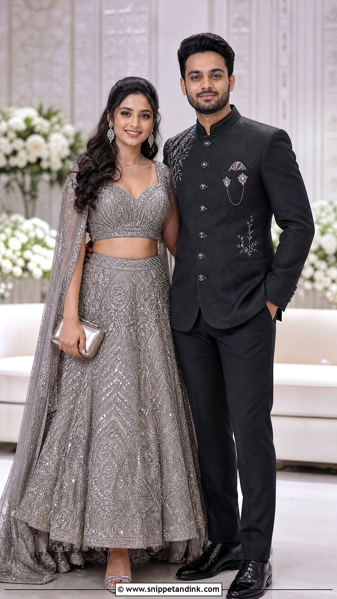 Metallic Bridal Lehenga And Charcoal Bandhgala Couple Outfit - Snippet and Ink - 20 Indian Bridal Couple Dress Ideas