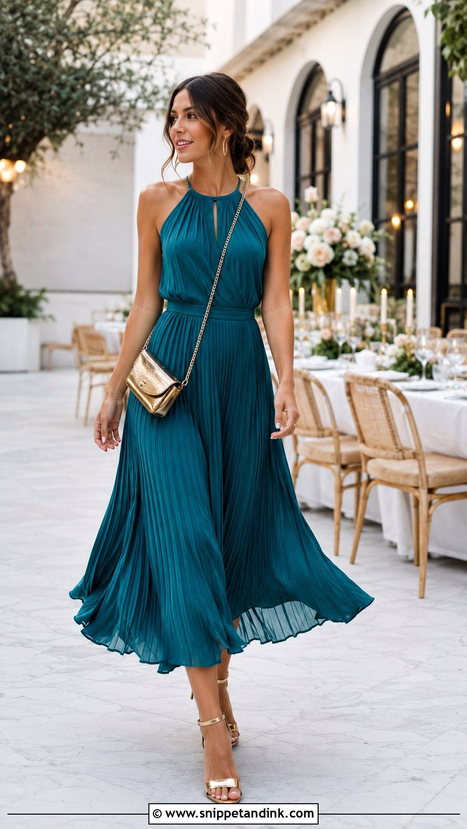 Metallic Crossbody Bag With Pleated Midi Dress - Snippet and Ink - 20 Bag for Wedding Outfit Ideas