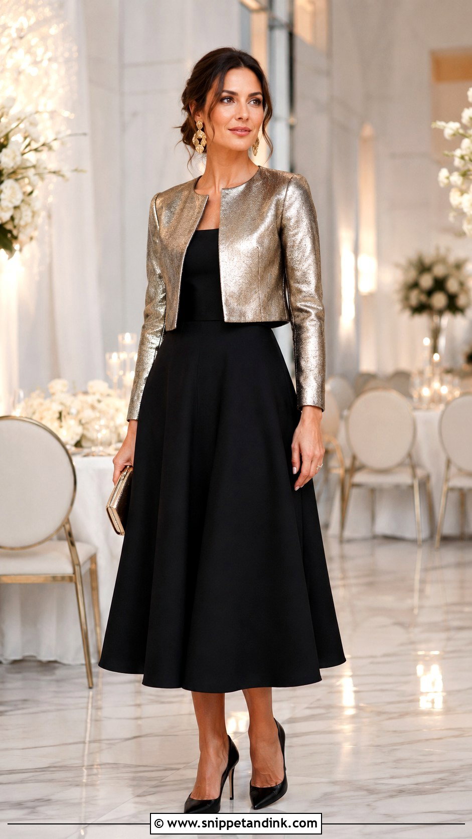 Metallic Jacket With Black Midi Dress - Snippet and Ink - 20 Jackets to Wear with Dresses to Wedding