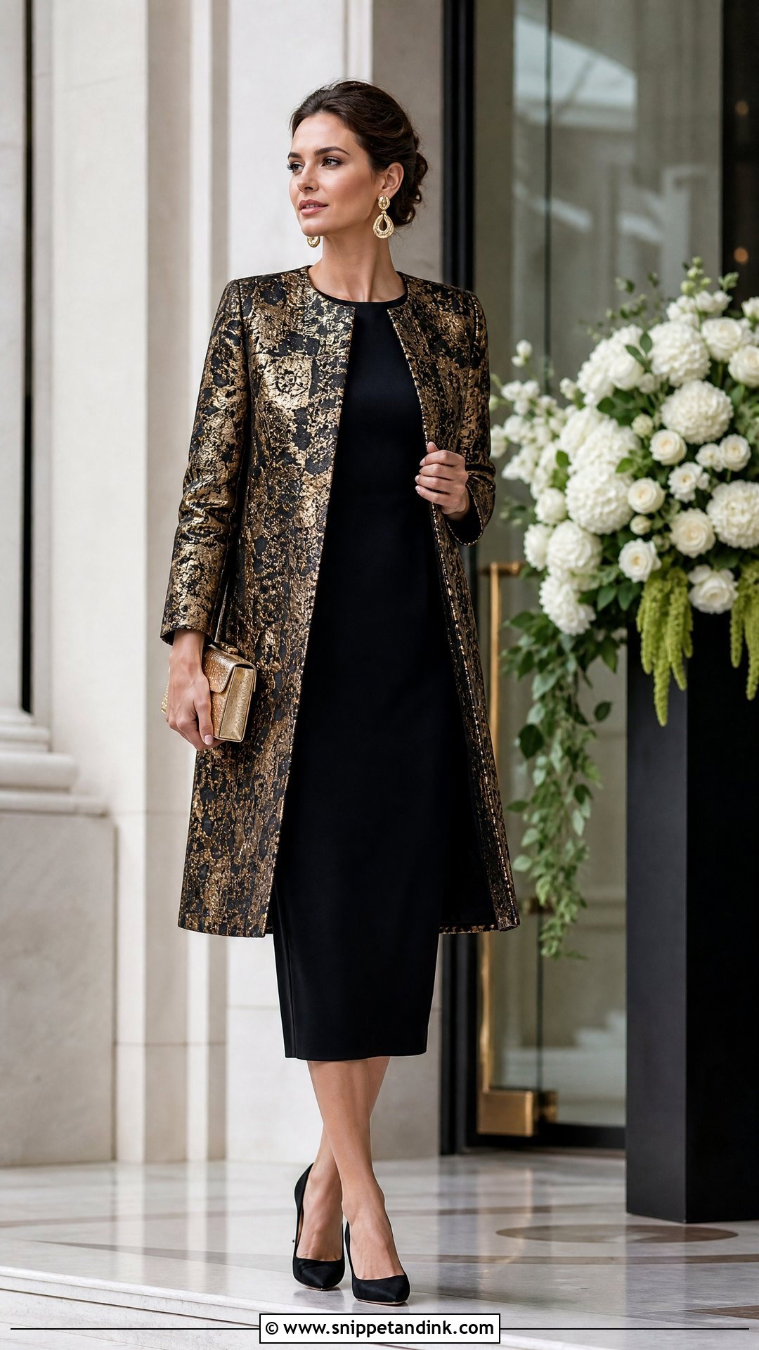 Metallic Jacquard Coat With Black Midi Dress - Snippet and Ink - 20 Formal Coats for Women Wedding Ideas