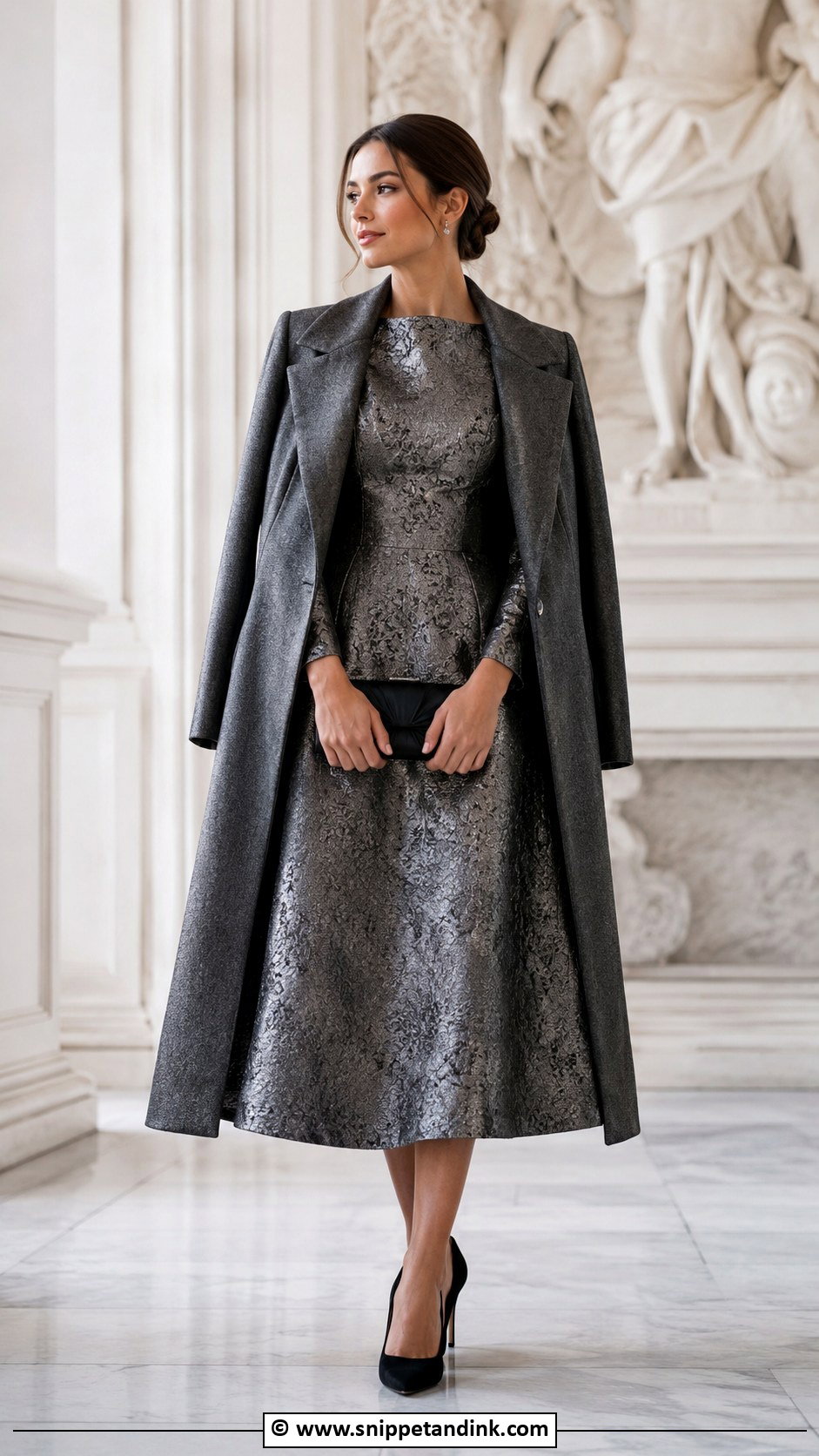 Metallic Jacquard Dress With Velvet Heels - Snippet and Ink - 35 Winter Wedding Dress Ideas