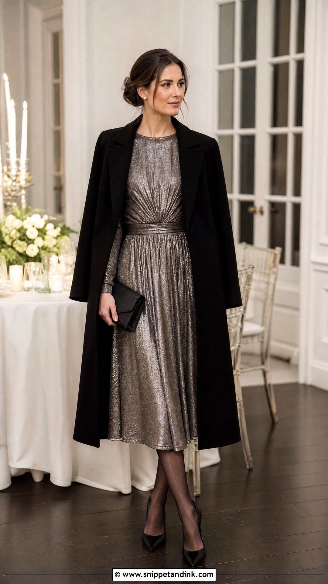 Metallic Midi Dress Winter Wedding Outfit - Snippet and Ink - 20 Winter Outfits for Wedding