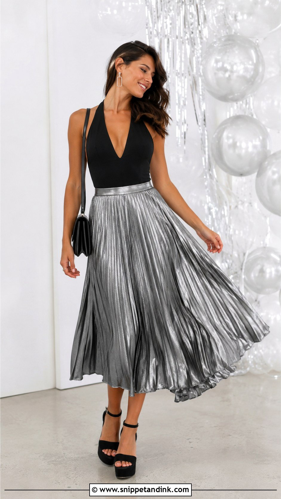 Metallic Pleated Midi Skirt And Bodysuit - Snippet and Ink - 20 70s Bachelorette Party Outfit Ideas