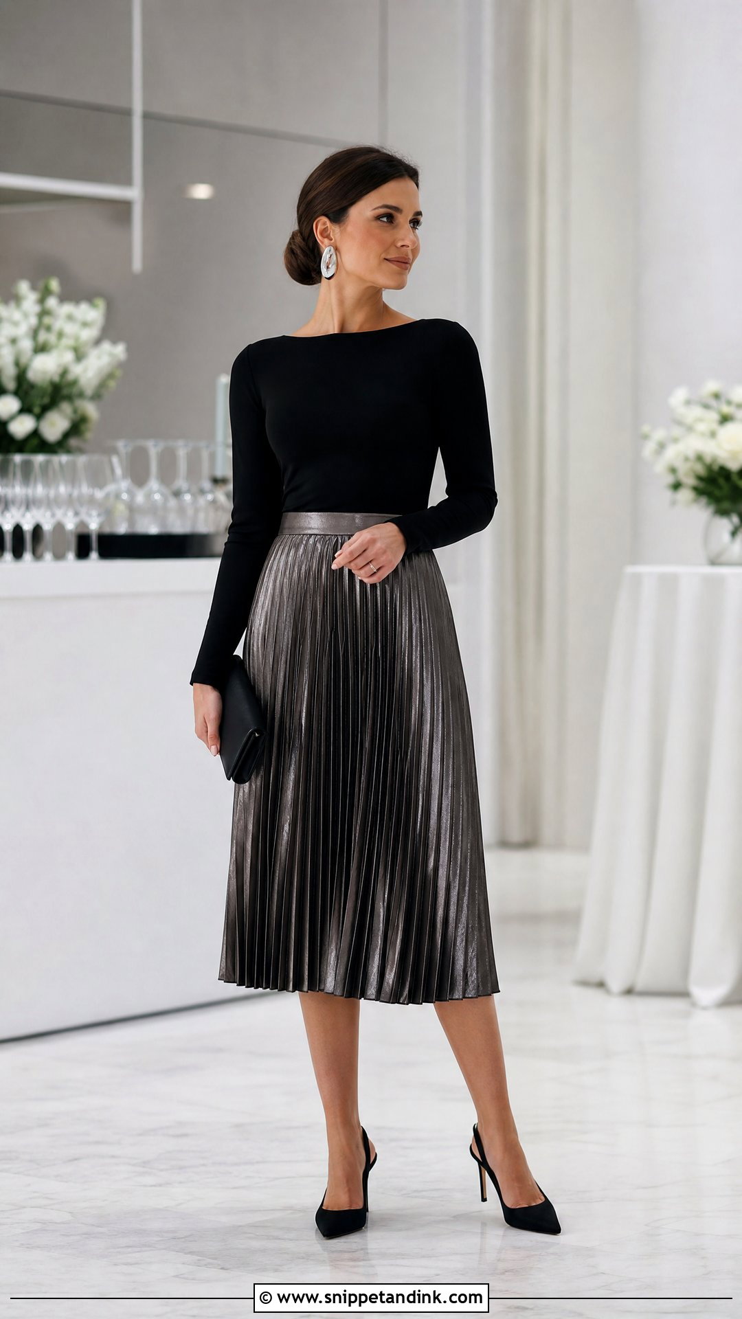 Metallic Pleated Skirt Wedding Outfit - Snippet and Ink - 20 Skirt Wedding Outfit Ideas