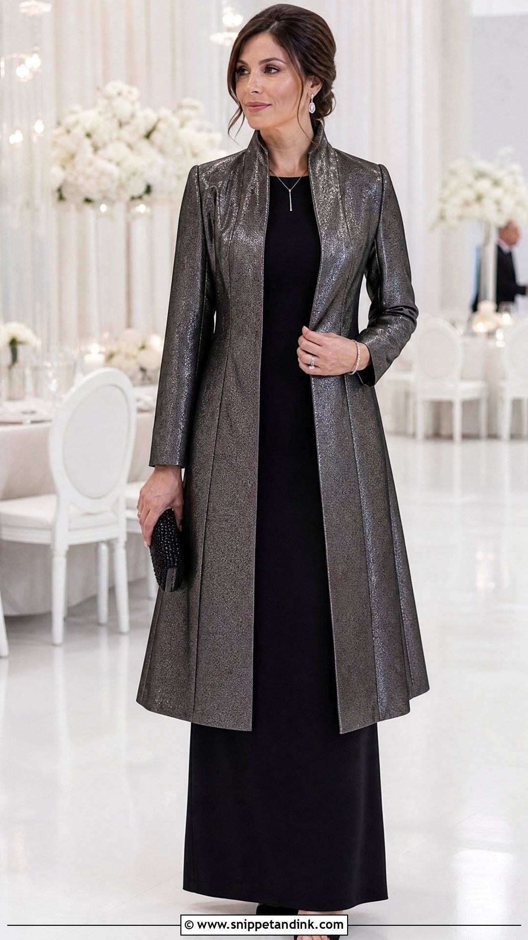 Metallic Wedding Coat With Black Gown - Snippet and Ink - 25 Wedding Coat Ideas