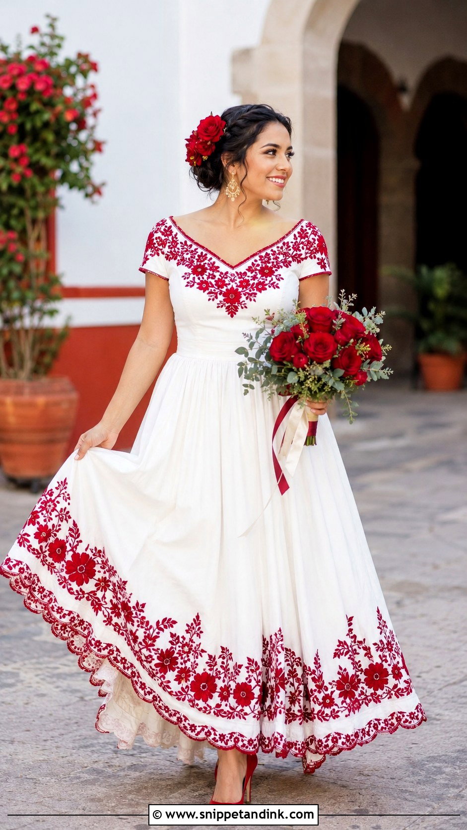 Mexican Wedding Dress With Red Embroidery - Snippet and Ink - 25 Traditional Mexican Wedding Dress Ideas