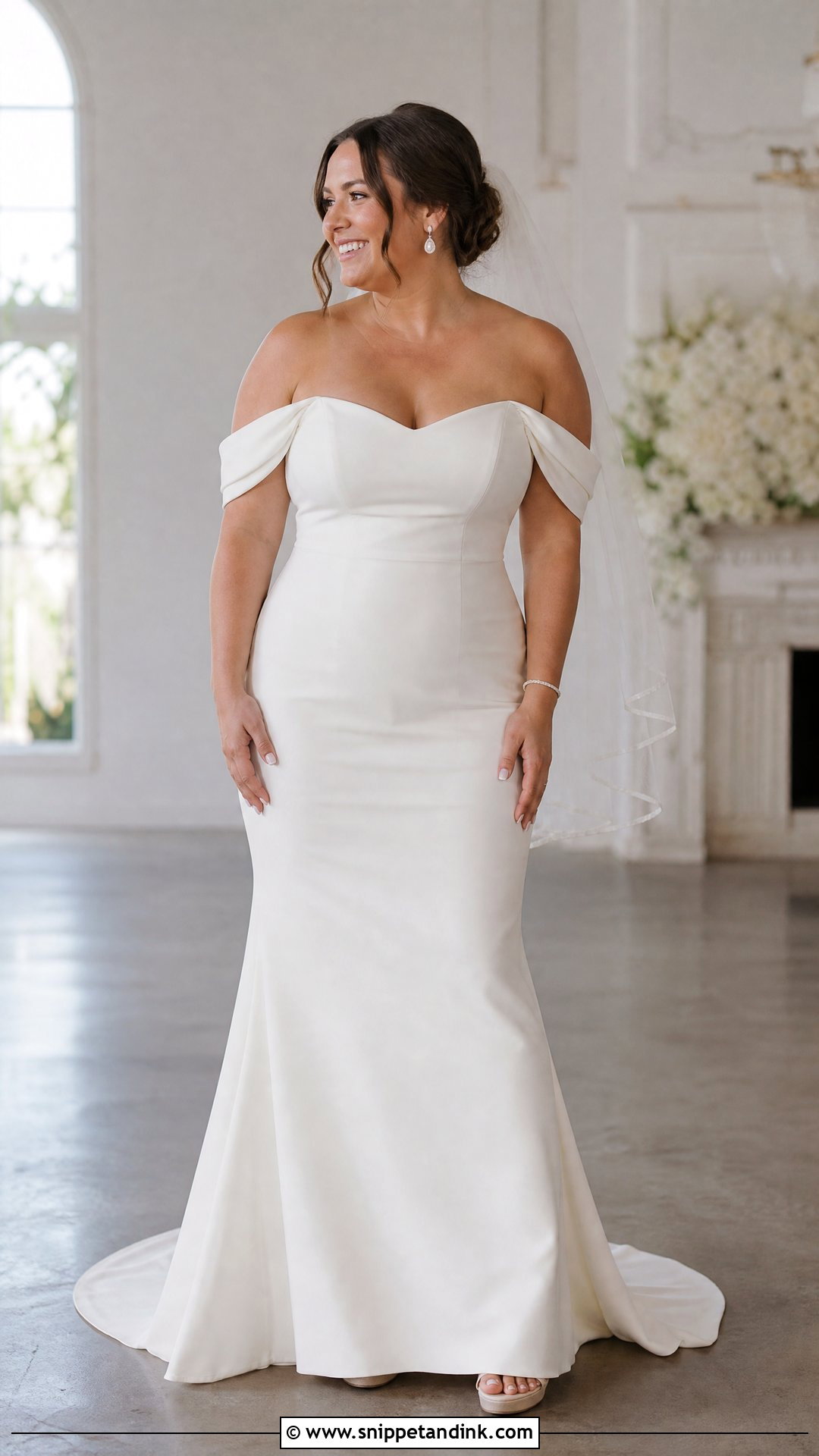 Mid Size Off Shoulder Fit And Flare Wedding Dress - Snippet and Ink - 25 Mid Size Wedding Dress Ideas
