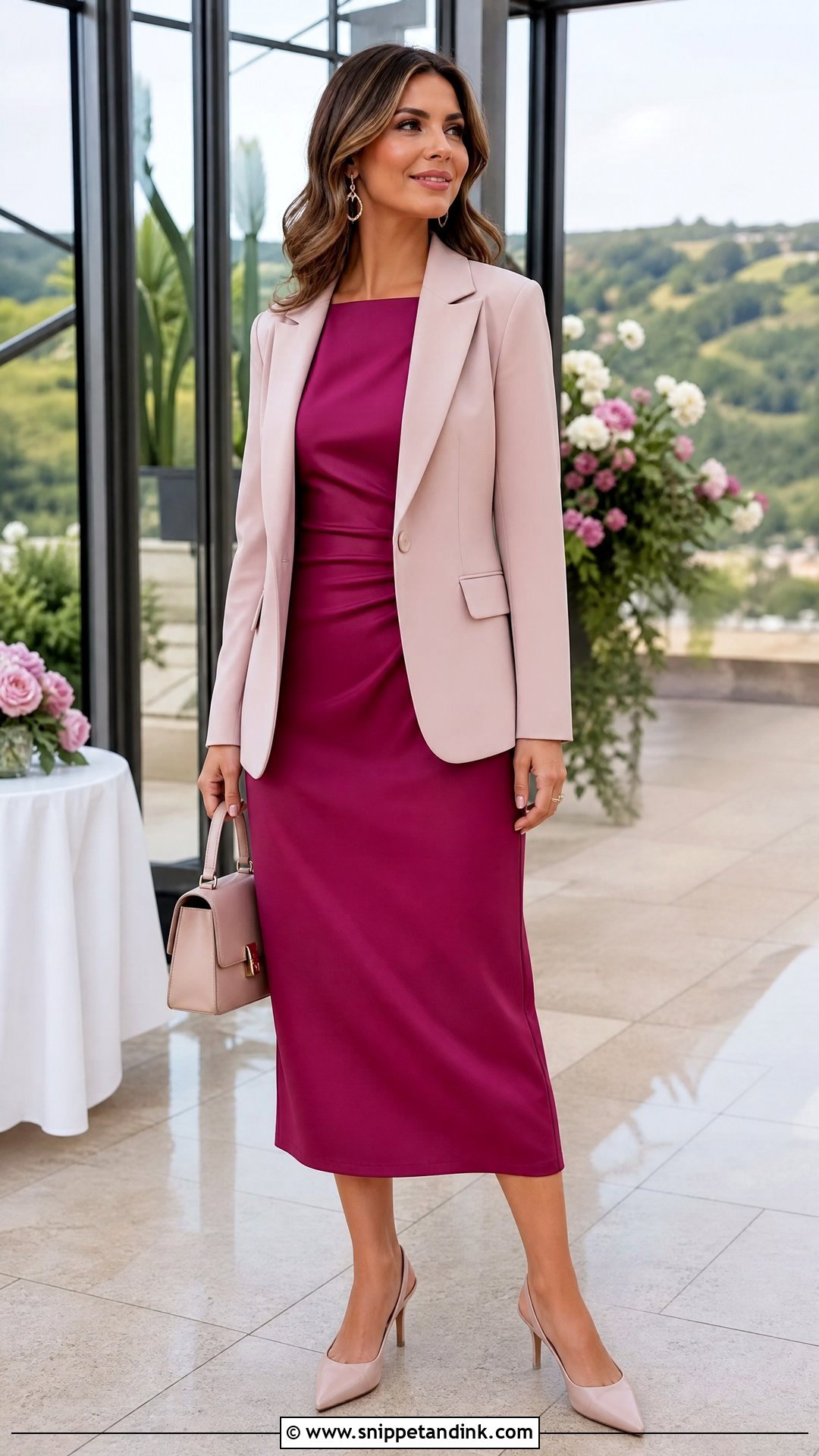 Midi Dress And Blazer Wedding Party Outfit - Snippet and Ink - 20 Ootd Wedding Party Ideas