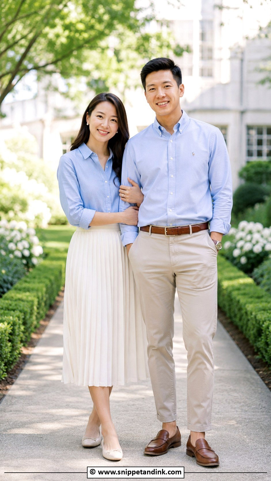 Midi Skirt And Oxford Shirt Couple Photoshoot Outfit - Snippet and Ink - 30 Couple Photoshoot Outfits