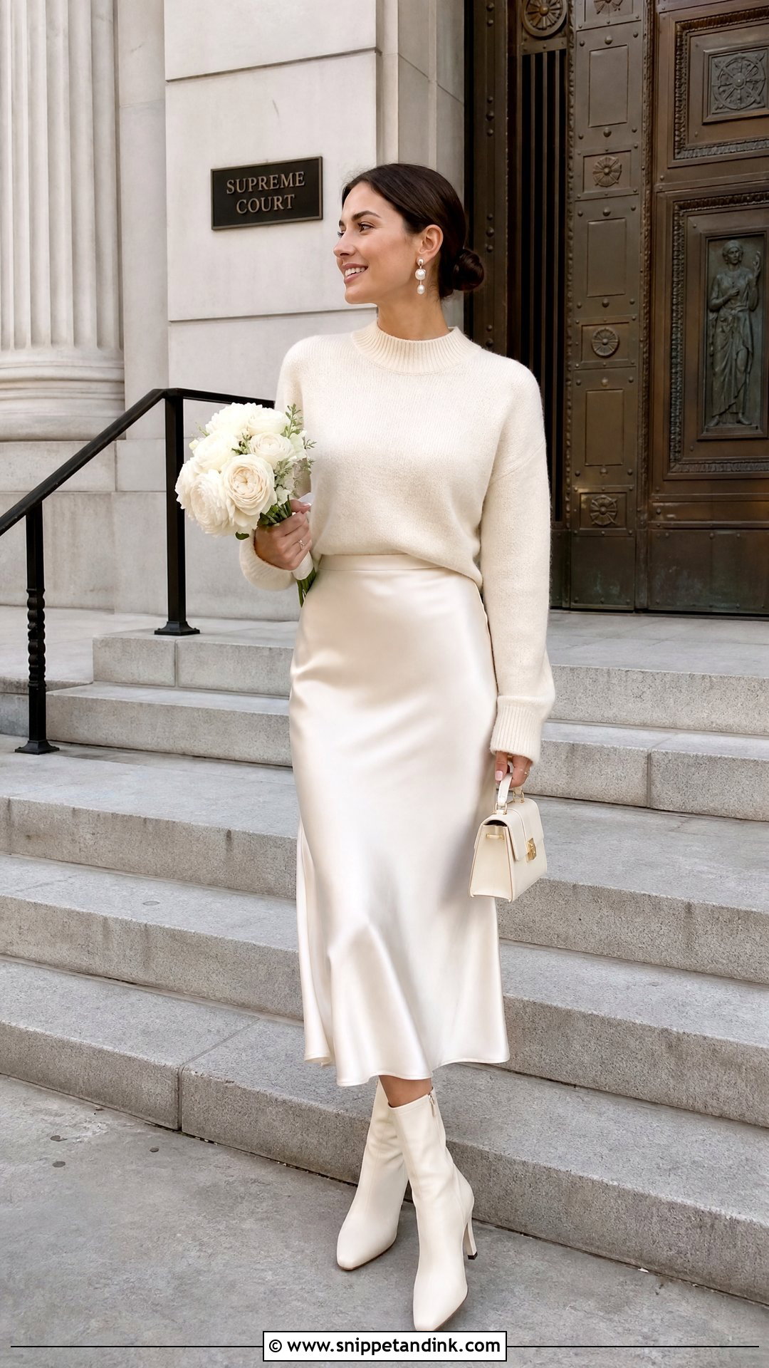 Midi Skirt And Sweater Courthouse Wedding Outfit - Snippet and Ink - 25 Casual Courthouse Wedding Outfit Ideas