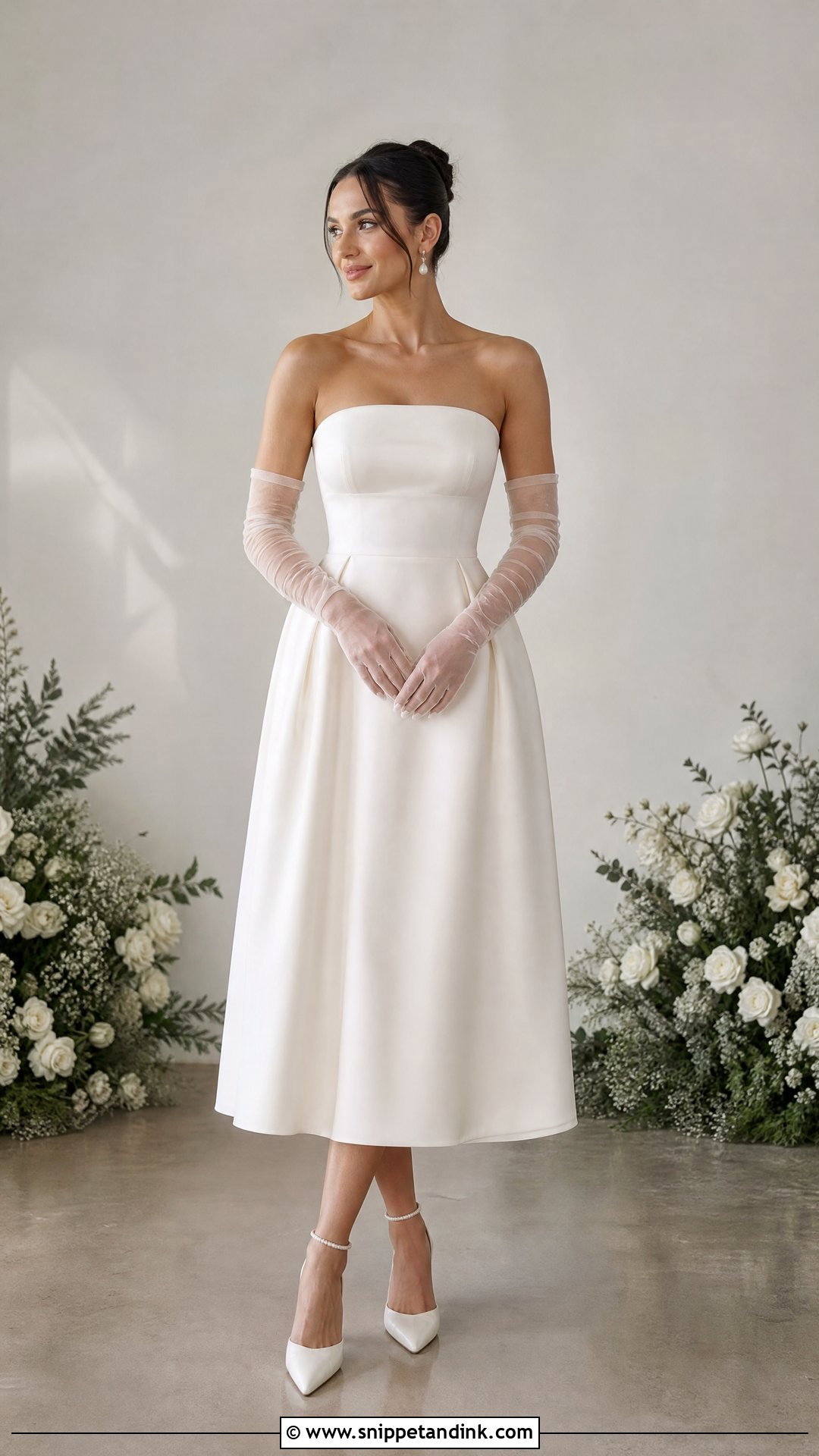 Midi Wedding Dress With Gloves - Snippet and Ink - 25 Mid Length Wedding Dress Ideas
