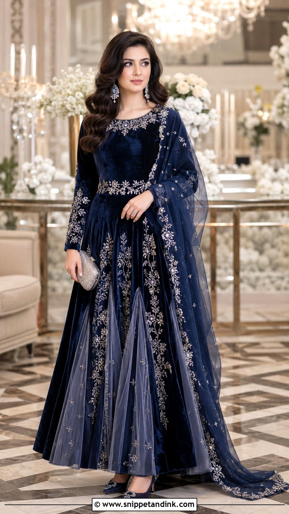 Midnight Blue Velvet Walima Gown - Snippet and Ink - 20 Blue Walima Dress Ideas