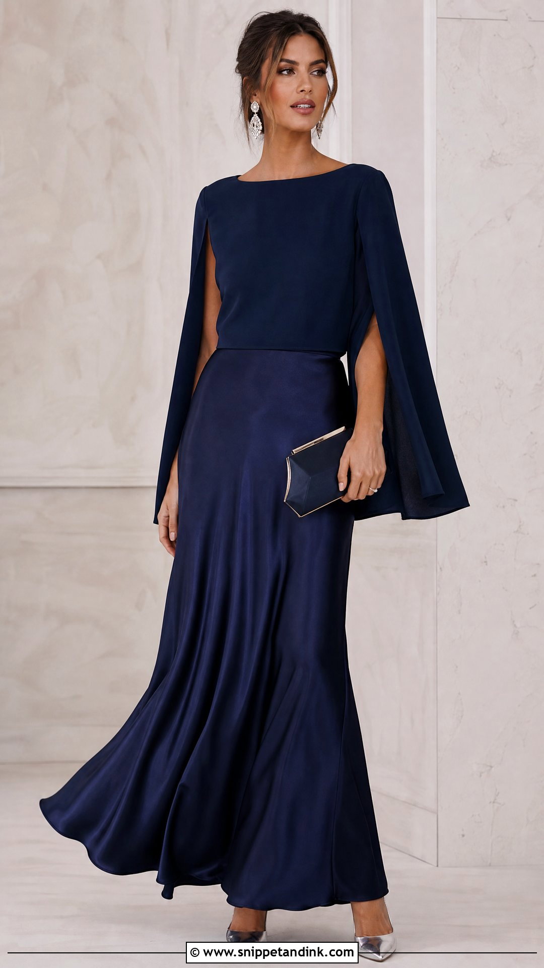Midnight Satin Skirt With Cape Sleeve Top - Snippet and Ink - 20 Satin Skirt Wedding Outfit Ideas
