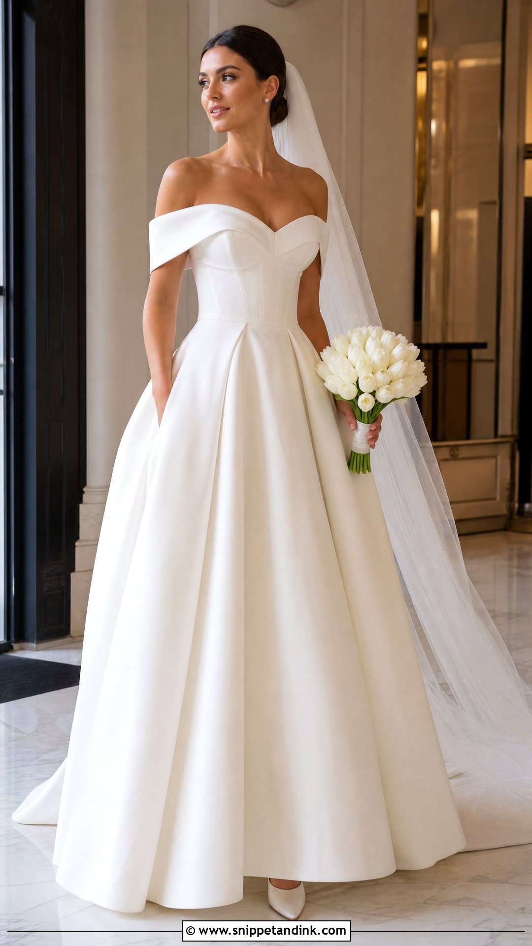 Mikado Ball Gown Wedding Dress With Off Shoulder Sleeves - Snippet and Ink - 20 Wedding Dress with Sleeves Off Shoulder