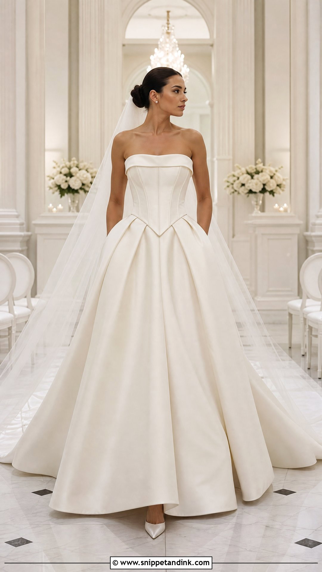 Mikado Basque Waist Corset Wedding Dress With Long Veil - Snippet and Ink - 20 Timeless Corset Wedding Dress Ideas