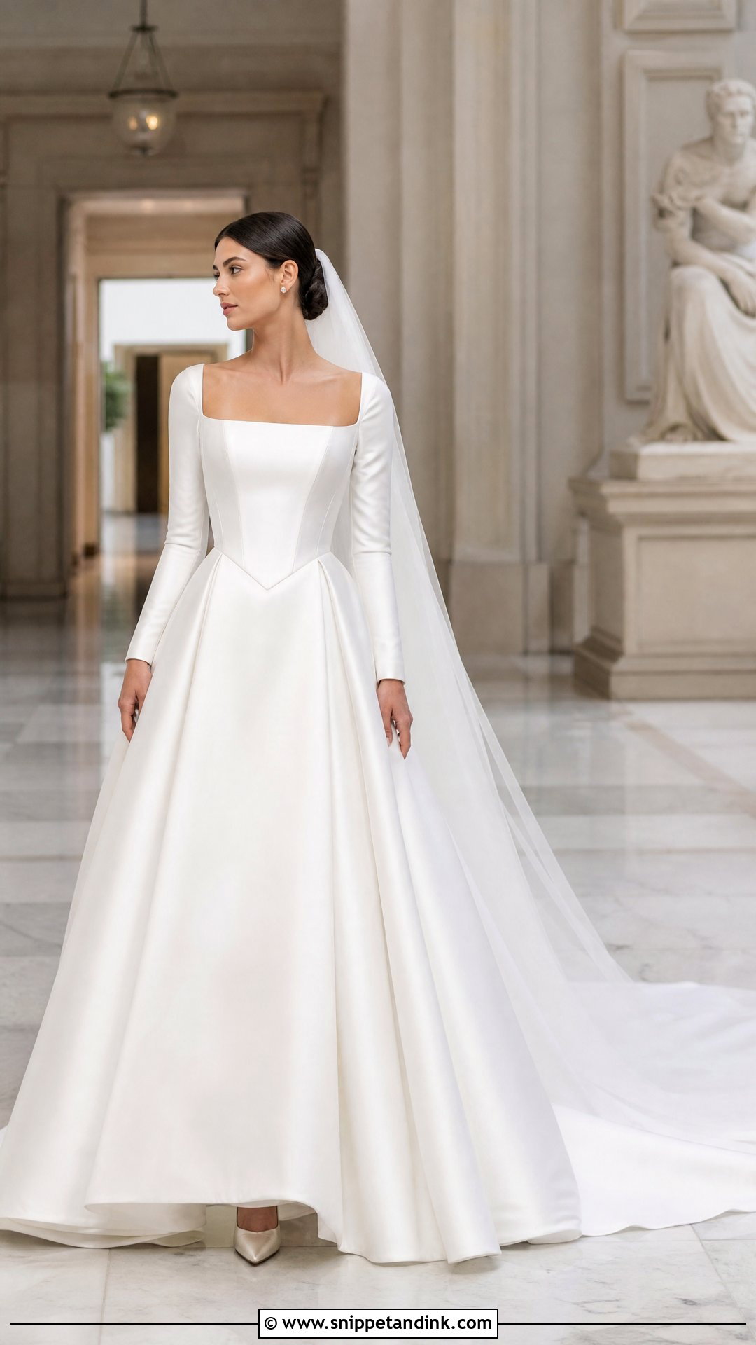 Mikado Basque Waist Square Neck Long Sleeve Wedding Dress - Snippet and Ink - 20 Square Neck Long Sleeve Wedding Dress Ideas