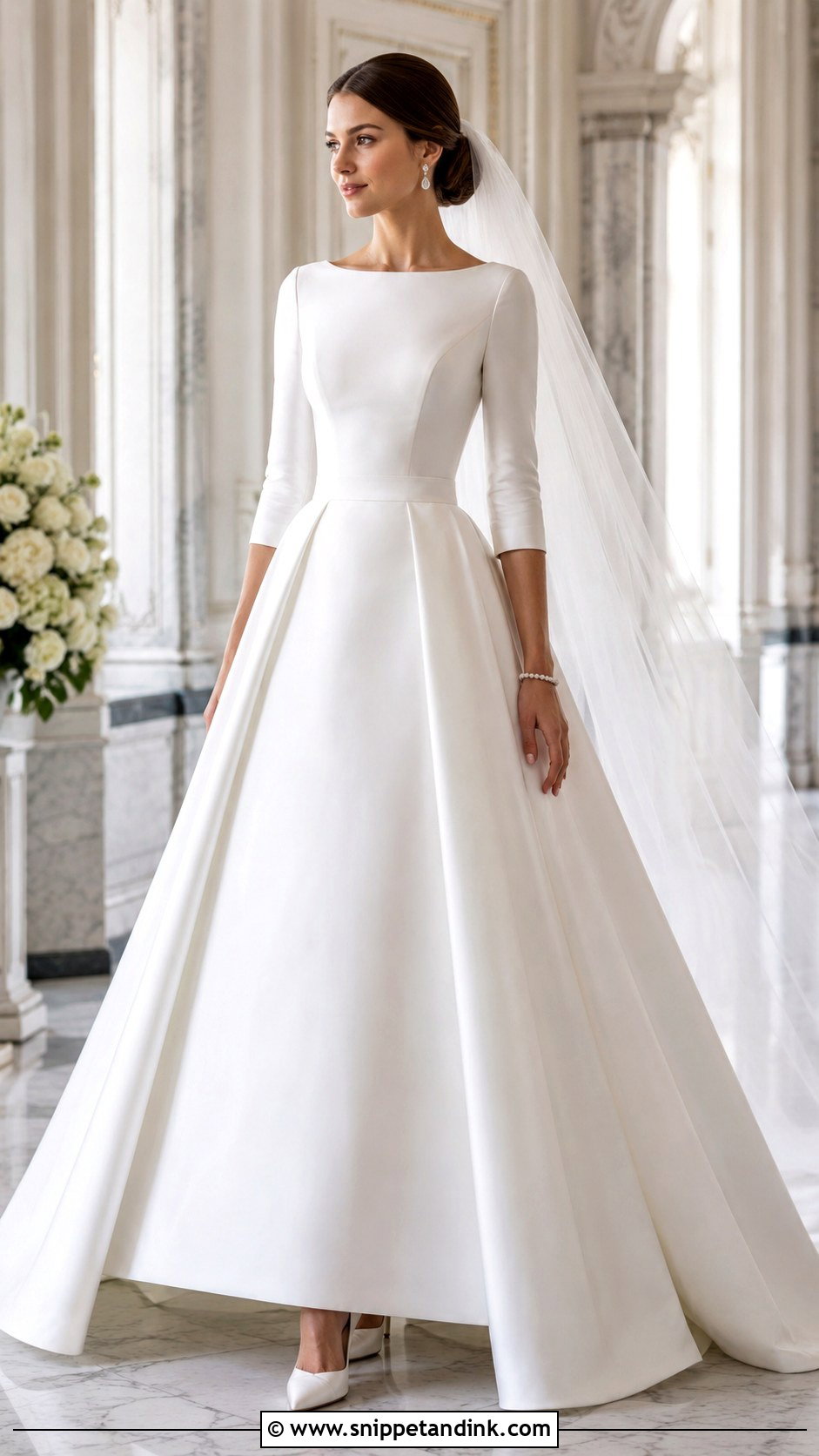 Mikado Boat Neck Wedding Dress With Three Quarter Sleeves - Snippet and Ink - 20 Boat Neck Wedding Dress with Sleeves