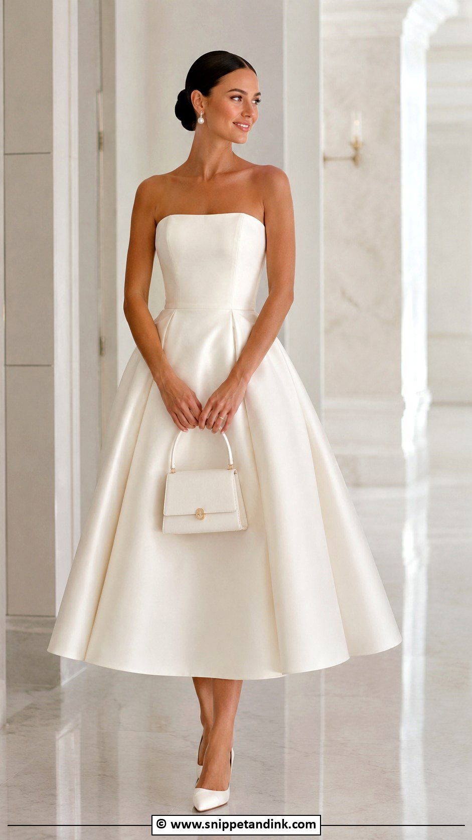 Mikado Midi Wedding Dress With Structured Bag - Snippet and Ink - 30 Midi Wedding Dress Ideas