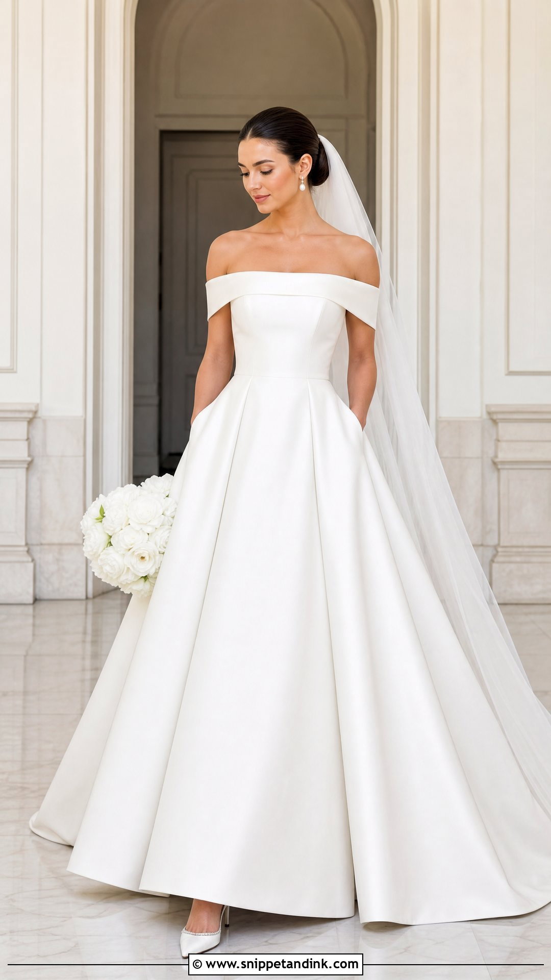 Mikado Off Shoulder Bridal Dress With Pockets - Snippet and Ink - 20 Off Shoulder Bridal Dress Ideas