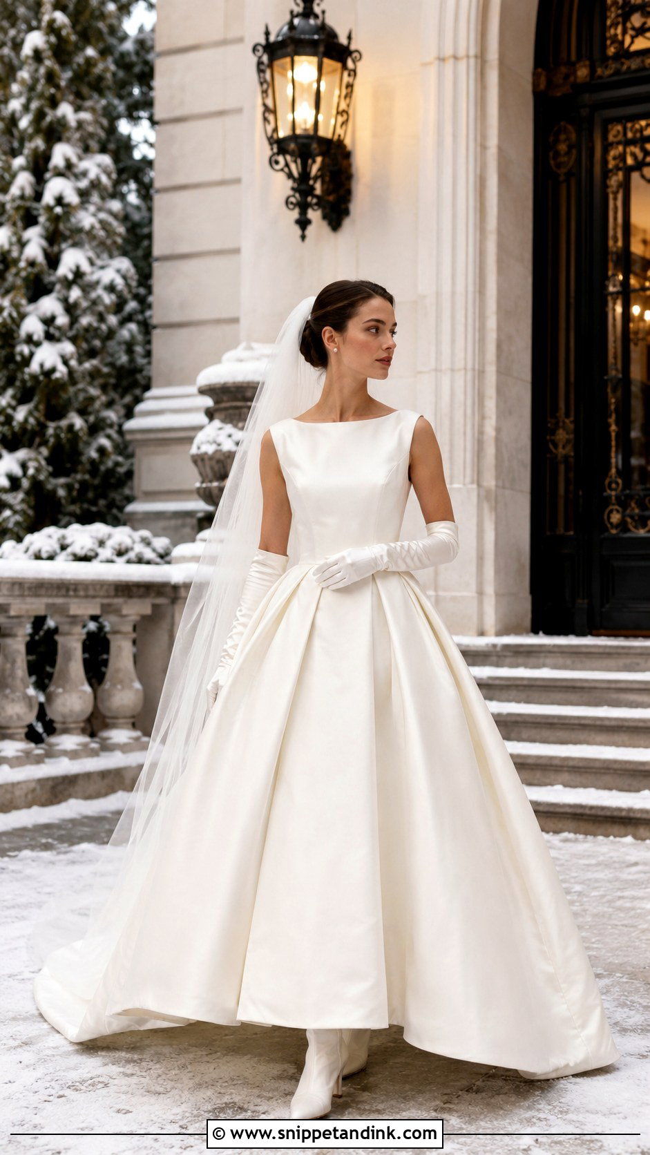 Mikado Snow Wedding Dress With Gloves - Snippet and Ink - 20 Snow Wedding Dress Ideas